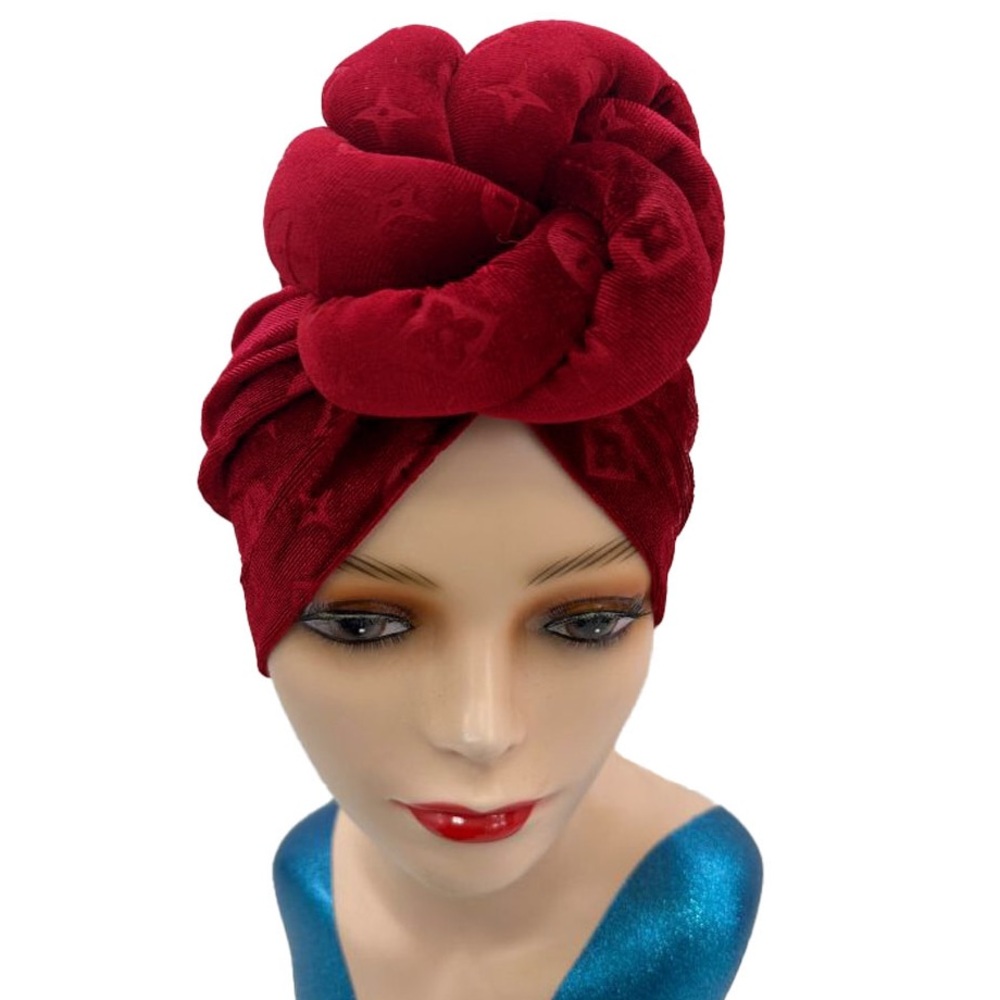 Sculpted Floral Knot Accent Turban Hair Wrap - Red, Black, Gray